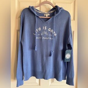 NWT Life Is Good L Womens Sweater Hoodie Light Blue Embroidered